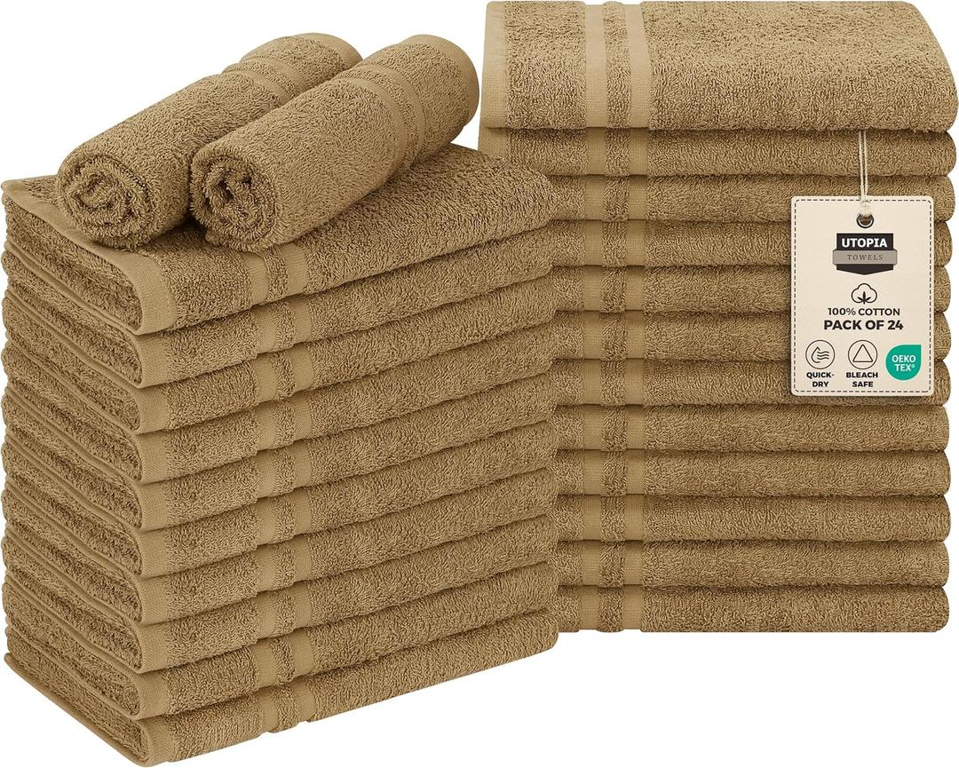 Utopia Towels Cotton Bleach Proof Salon Towel 16 by 27 inches, Bleach Safe 100% Cotton Hand Towel for Gym, 24 Pack, Camel