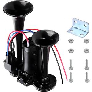 12V Car Air Horn, 120 DB Super Loud Dual Trumpets Electric Train Horn Kit with Compressor, Universal Dual Trumpet Air Horns for Cars Trucks Motorcycles Boats Speaker (Black)