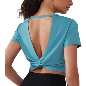 Open Back Workout Tops for Women Crop Yoga Shirts Lightweight Twist Back Athletic Running Gym Tops (Small, Blue)