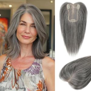 LONAI Real Human Hair Topper, 10 Inch 100 Human Hair Toppers for Thinning Hair, Large Hand-woven area Coverage Natural Hairpiece Wiglet for Women Daily 5"x3.5" Silk Base-Silver Gray With Brown Mixed
