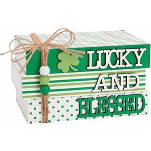 Valery Madelyn St Patrick's Day Decorations, St Patrick's Day Wooden Book Decor, Shamrock Decorations for Tiered Tray Shelf Coffee Table Side Table Home Office with Tassel and Beads, 5 inch (Medium)
