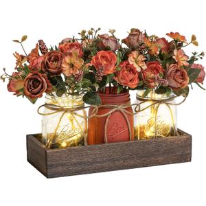 3 Pcs Mason Jar Centerpiece Table Decorations for Dining Table Decor Farmhouse Coffee Table Decor with Wood Tray and Led Light Table Centerpieces for Dining room Kitchen Living Bathroom,Orange