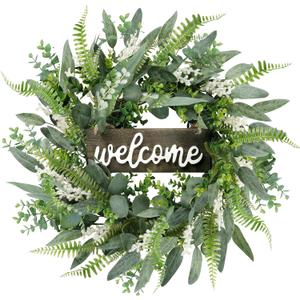 Sggvecsy Green Artificial Eucalyptus Wreath with Welcome Sign 20in Mixed White Berries Spring Summer Wreath for Front Door Wall Window Farmhouse Festival Porch Patio Garden Decor (1 Piece)