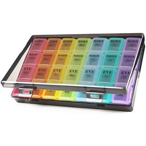 MOLN HYMY Pill Organizer 4 Times a Day, 7 Day Weekly Pill Box with 28 Big Compartments, Multicolor Portable Travel Medicine Planner for Vitamins, Fish Oils, Supplements (Rainbow, Large)