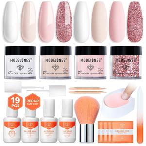 Modelones Pink Dip Powder Nail Kit, 4 Colors White Nude Glitter Dipping Starter Set with Liquid and Complete Accessories for French Nails Art Salon DIY at Home Gifts for Women