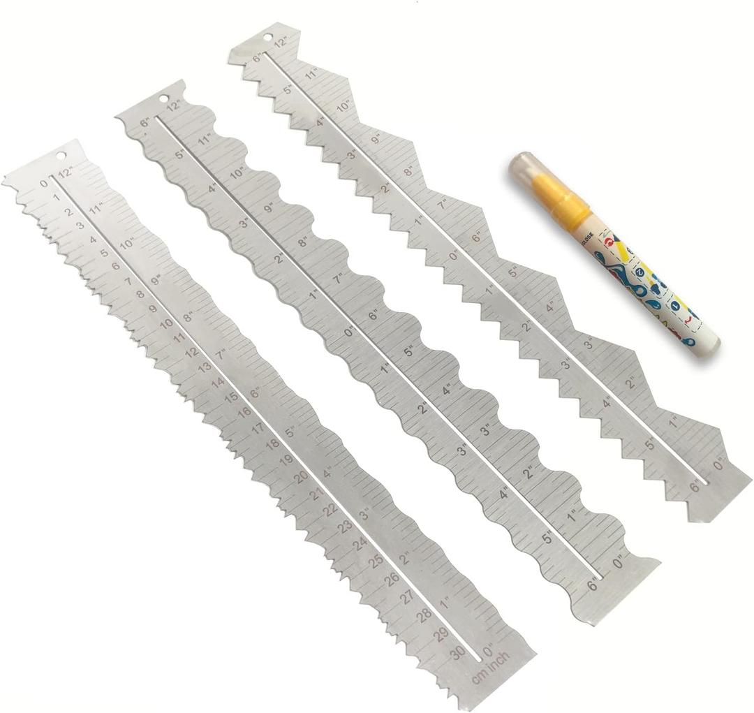 3PCS Stainless Steel Metal Paper Tearing Ruler Craft Ruler for Cutting Paper to Wavy Line Jagged and Irregular Edges 12'' Measuring Tool for Engineering School Office Architect and Drawing