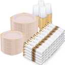 Nervure 700PCS Pink Gold Plastic Plates - Pink Plastic Dinnerware Sets for 100 Guests - 200 Disposable Plates, 300 Silverware, 100 Cups, 100 Napkins for Wedding, Party