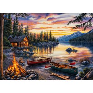 Lakeside Cobin Jigsaw Puzzles 1000 Pieces for Adults Cozy Campfire Canoes 1000 Piece Jigsaw Puzzles for Adults