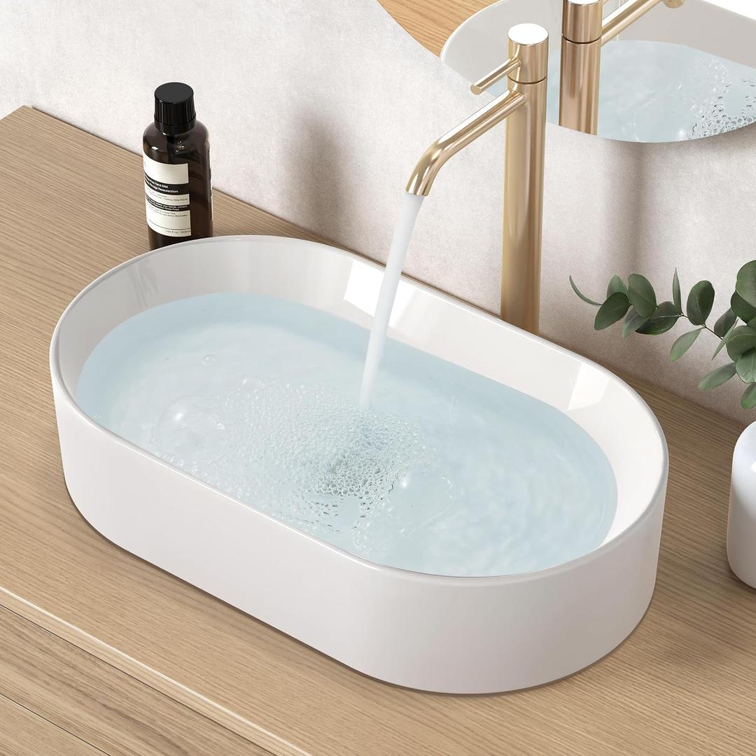 KES Bathroom Sink, White Vessel Sink for Bathroom, Oval Above Counter Ceramic Countertop Modern Sink for Cabinet Lavatory Vanity, BVSO126, 20.7" x 12"