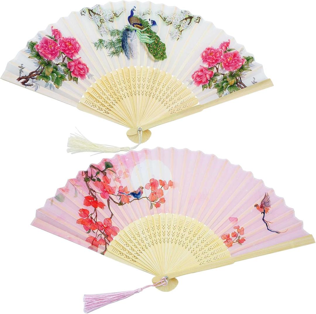 2 Pack Hand Fans for Women Foldable Folding Handheld Fan Abanicos de Mano Hand Held Chinese Style Silk Bamboo Fans for Dancing Cosplay Wedding Party Props Decoration, Lovely Color Peacock and Flower