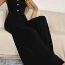 Womens Spaghetti Strap Sleeveless Jumpsuit - Button Down Front Elastic Waist Wide Leg Romper for Casual Daily Wear (Black, XXL)