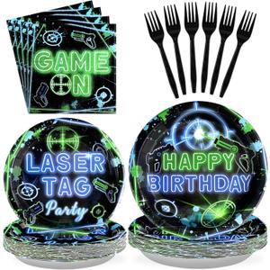 96PCS Laser Tag Birthday Party Decorations Laser Tag Party Plates Disposable Green Blue Laser Party Tableware Set for Kids Boys Girls Neon Glow Laser Tag Game Birthday Decorations, Serves 2