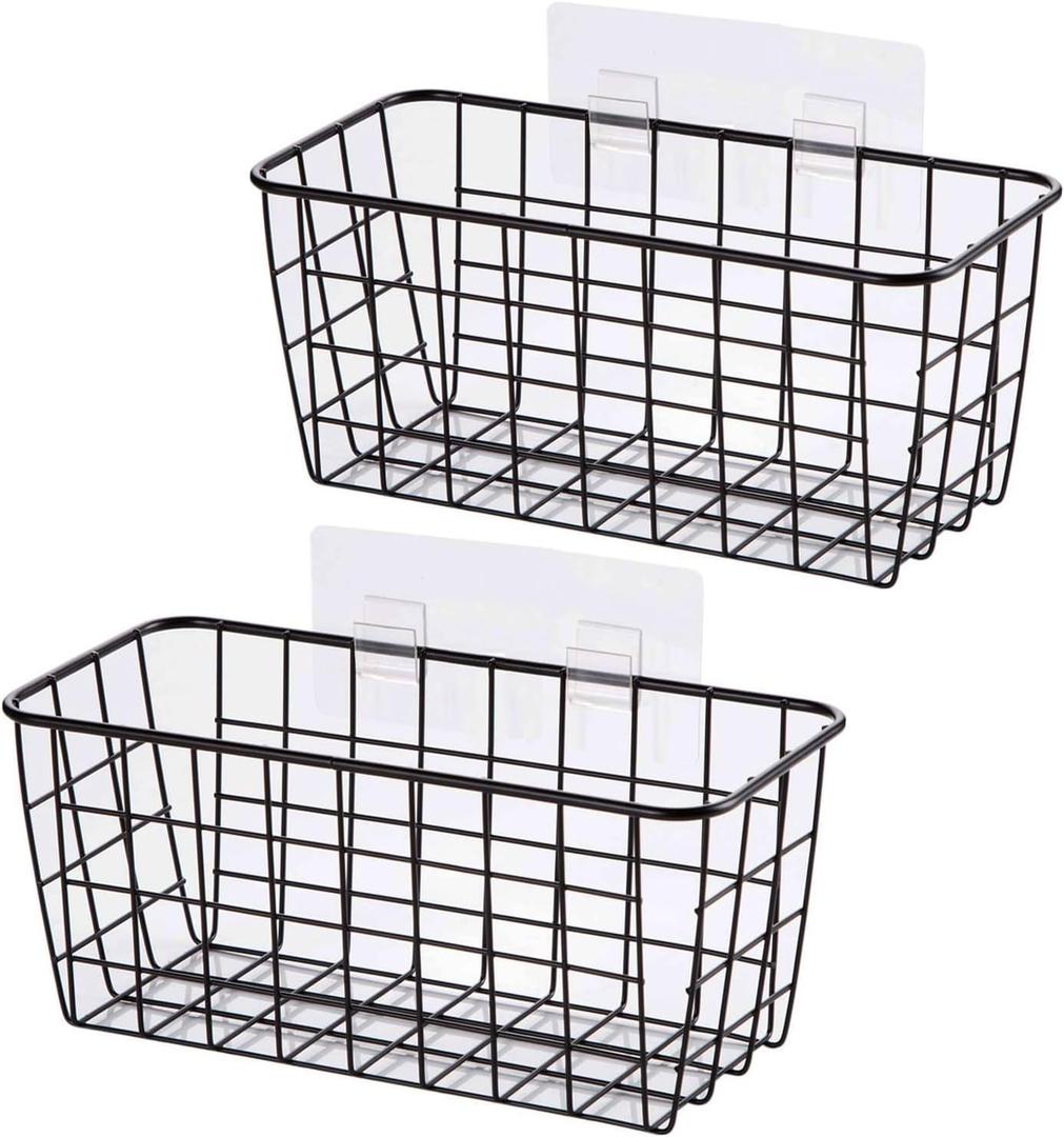 2 Set Adhesive Hanging Wall Basket Inside Cabinet Door Organizer,Wall Storage Basket-No Drilling Adhesive wall Basket for Cupboard Door,Space-Saving Small Hanging Baskets for Wall Mount Storage,Black