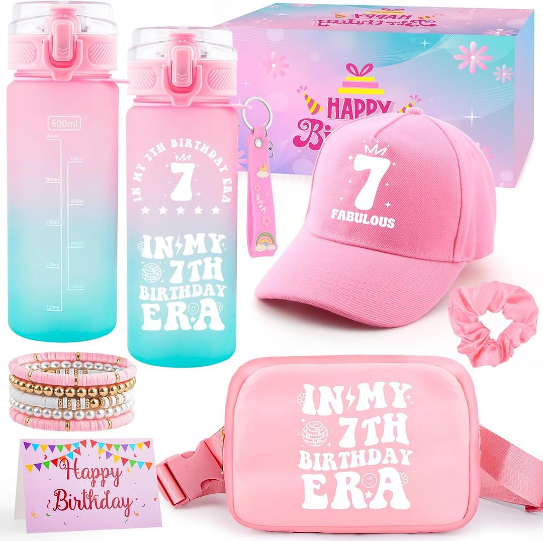 7th Birthday Gifts for Girls, 7 Year Old Girl Birthday Gifts, Best Gifts for 7 Year Old Girls Trendy 2026 Water Bottle, Cap, Bag, 7 Birthday Decorations for Daughter Niece, Things for 7 Years Old Kids