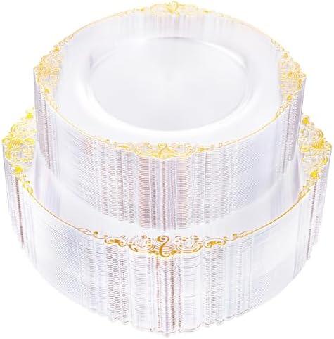 Joyido 100PCS Clear Gold Plastic Plates - Clear Disposable Plates with Gold Rim - Clear Party Plate Include 50PCS Dessert Plates, 51PCS Dinner Plate for Weddings & Thanksgiving Parties