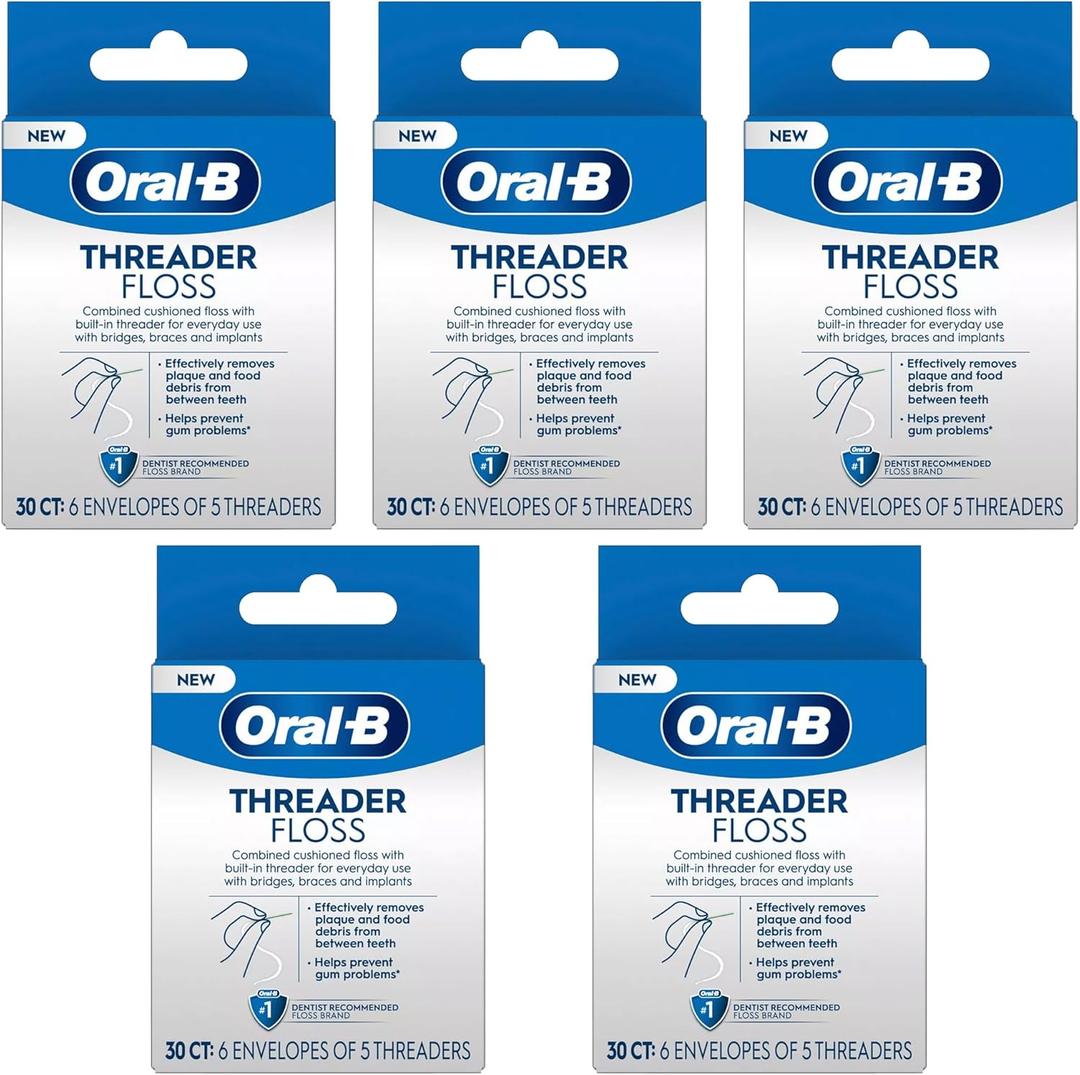 Oral-B Threader Floss 30 Count: 6 Envelopes of 5 Threaders (Pack of 5)
