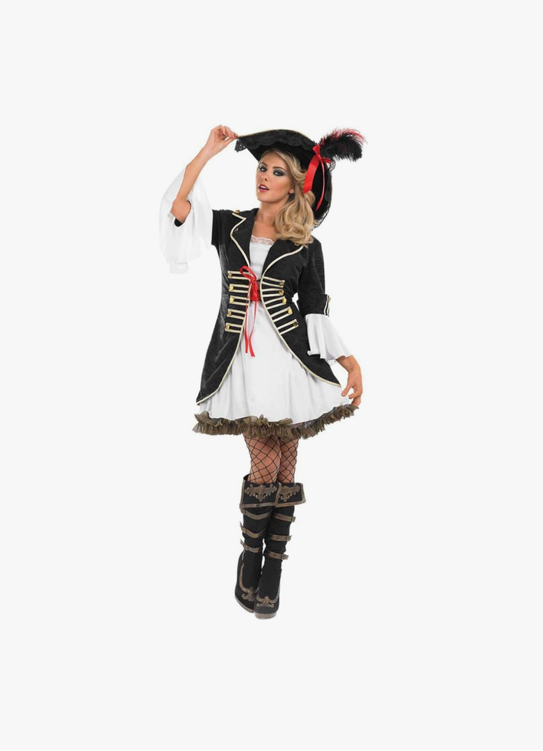 fun shack Pirate Costume Women's Deluxe Buccaneer Outfit with Corset Jacket, Dress, Hat, Size L