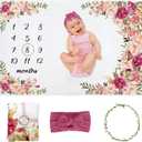 Baby Monthly Milestone Blanket Girl, Milestone Blanket for Baby Girl, Track Growth and Age, Newborn Shower Gifts for Mom, Includes Floral Wreath & Pink Bow Headband, 60" X 40"