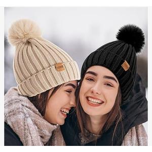 Womens Winter Knitted Beanie Hat Warm Fleece Lined with Pompom Cap Thick Slouchy Snow Knit Skull Ski Cap , 3 pcs , Set , Black and white