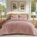 EverGrace Velvet Quilt Set Queen Size, Luxurious Soft Striped Channel Bedding Set, Lightweight Velvet Comforter for All Season, Oversized Bedspread Coverlet with 2 Matching Shams, Pink Clay