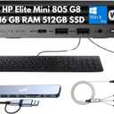 Elite Mini 805 G8 Mini Desktop 2025, AMD Ryzen 5 PRO 5650G (6-Core), 16GB RAM, 512GB SSD, 4K Display Support, Quiet Operation, Docking Station, Wi-Fi 6, Ethernet, Keyboard & Mouse, Windows 11 Pro