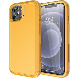 Diverbox for iPhone 12 case [Shockproof] [Dropproof] [Tempered Glass Screen Protector + Camera Lens Protector],Heavy Duty Protection Phone Case Cover for Apple iPhone 12 (Yellow)