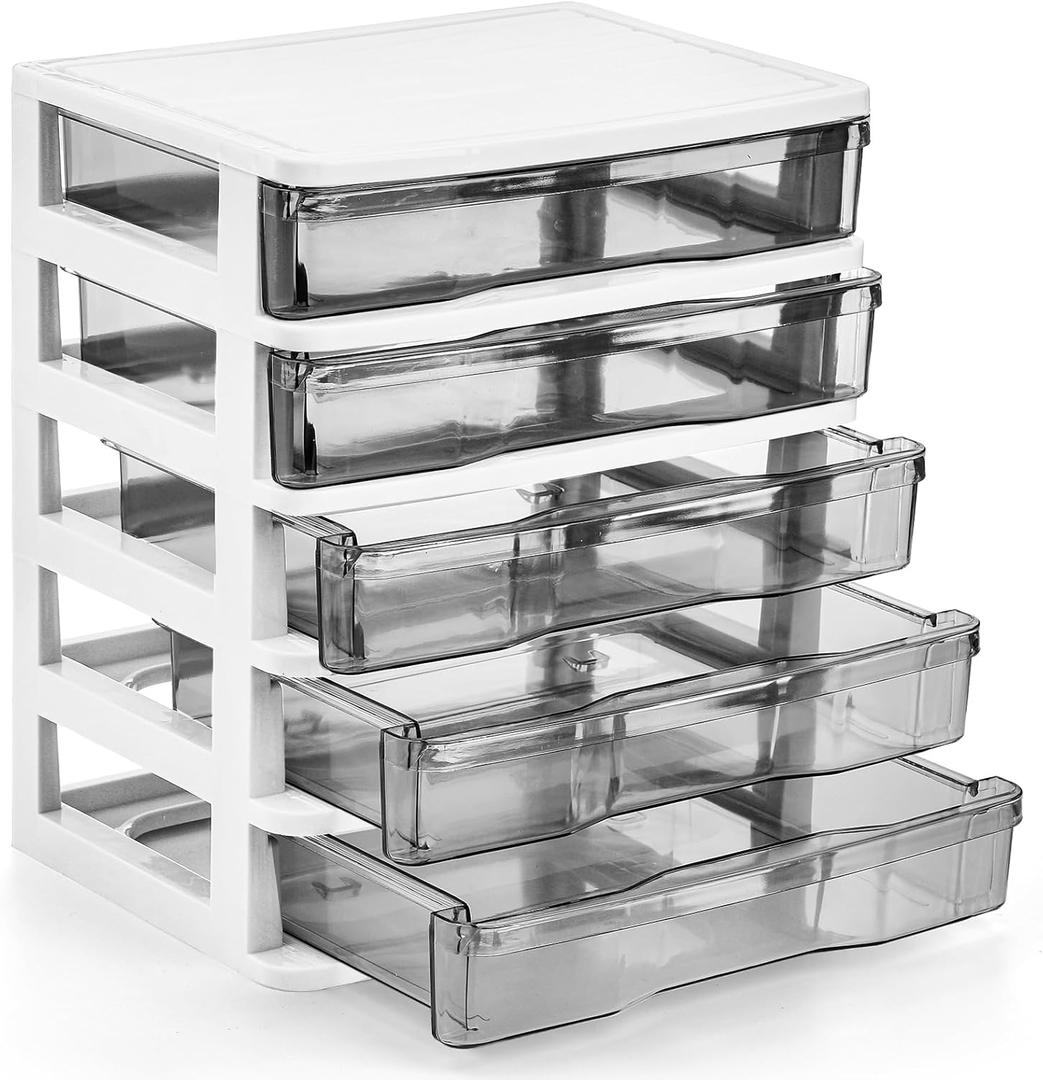 DEAYOU 5 Drawer Desktop Storage Bin Unit, Small Plastic Organizer, White Frame with Clear Drawer, Mini Container Case for Desk, Storing Craft, Accessory, Stationery DEAYOU 5 Drawer Desktop Storage Bin Unit, Small Plastic Organizer, White Frame with Clear Drawer, Mini Container Case for Desk, Storing Craft, Accessory, Stationery