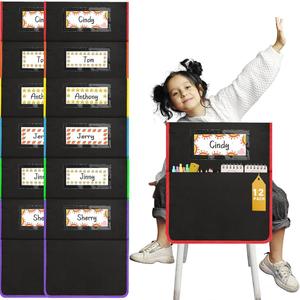 12 Pcs Classroom Chair Pockets, 17 x 15 Inch Seat Sacks for Chairs, Buddy Pocket, Chart Seat Back Organizer With Name Tag