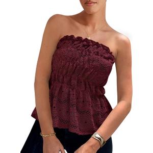 PRETTYGARDEN Women's Boho Tube Tops 2025 Summer Strapless Off Shoulder Eyelet Smocked Peplum Trendy Going Out Bandeau Top (S)