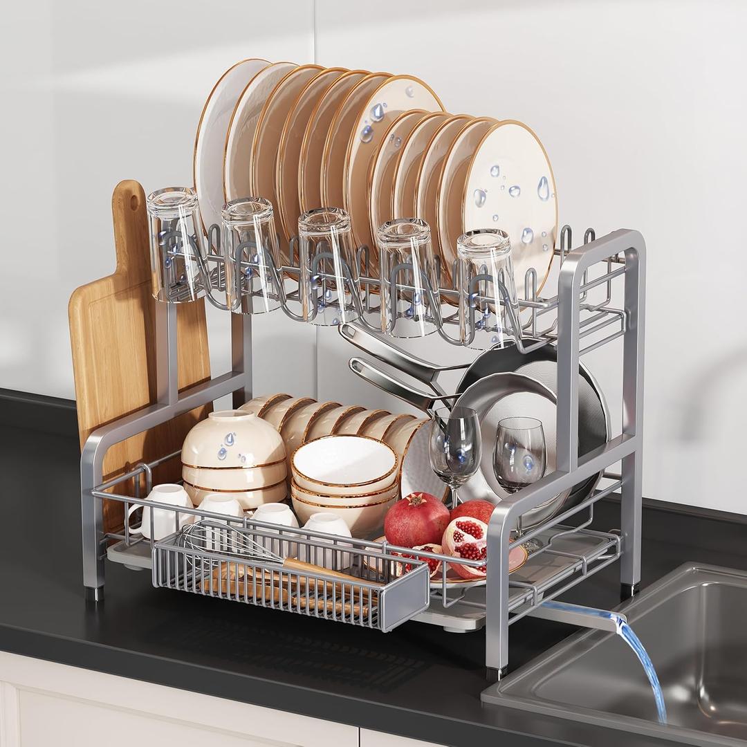 2 Tier Dish Drainer Drying Rack for Kitchen Counter, Large Stainless Steel Dishes Dryer with Drainboard, Space Saving, Big Rustproof Metal Modern Countertop Plates Strainer with Utensil Holder, Sliver (11.5"D x 17"W x 14.2"H, Silver)