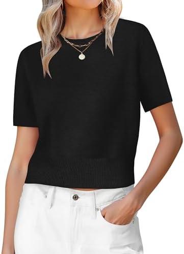 ANRABESS Womens Short Sleeve Sweaters Cropped Crew Neck Business Casual Lightweight Sweater Tops 2026 Spring Summer Outfits, Medium