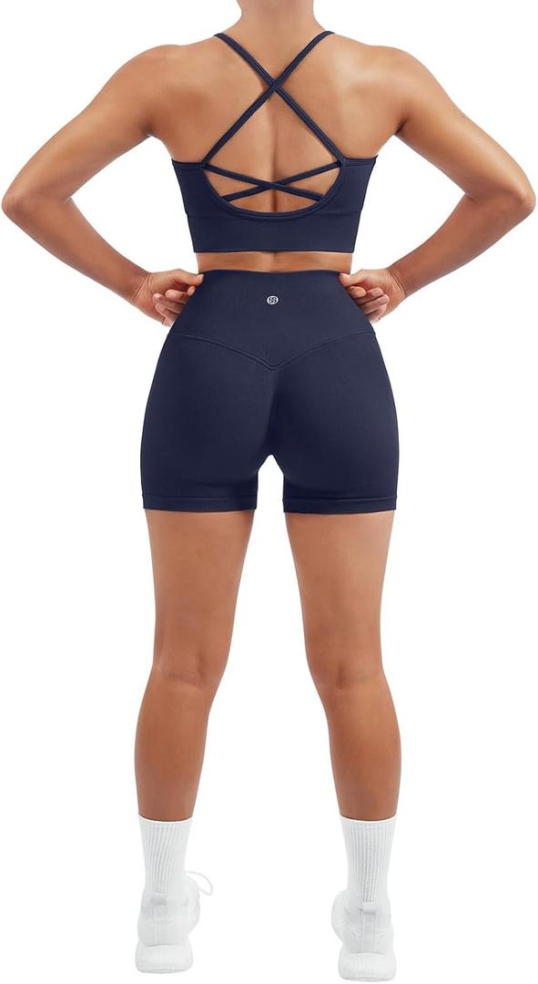 SUUKSESS Women Seamless 2 Piece Workout Sets Criss Cross Sports Bra High Waist Booty Shorts (Medium, Navy Blue)