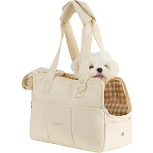 Dog Purse Carrier for Small Dogs Rabbit cat with Large Pockets, Cotton Bag, Dog Carrier Soft Sided, Collapsible Travel Puppy Carrier (Beige, 13.6" L x 6.5" W x 10" H)