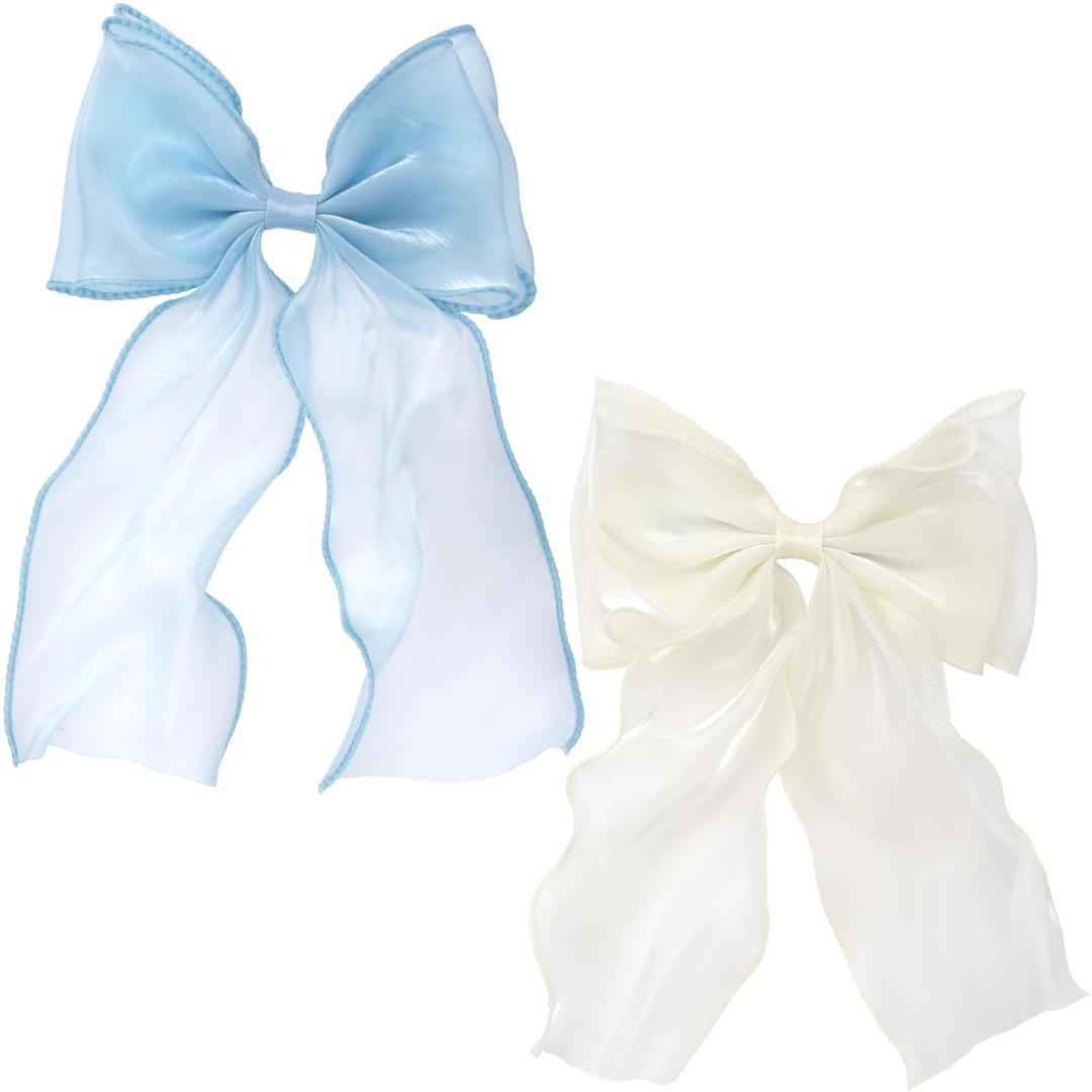 2Pcs Large Hair Bow Clips, Blue White Silk Yarn Ribbon Bow Hair Barrette for Women, Elegant Long Tail Bowknot French Hair Accessories for Wedding, Parties, Festivals