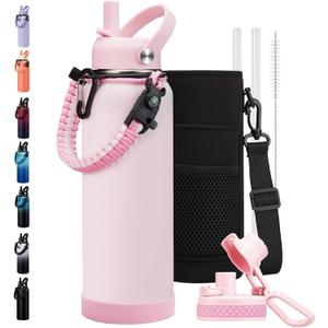 BENZZO 40oz Insulated Water Bottle Metal Water Flask Stainless Steel Keep Cold 48Hrs & Hot 24 Hrs, Pink Water Jug with Strap for Women Sports Gym Workout School Running with Straw & Auto Spout Lid