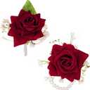2 Pcs Red Corsage and Boutonniere Set Artificial Rose Corsage Writlet Band Faux Pearl Bracelet for Prom Decor and Boutonniere for Men Wedding Party Suit Flower Accessories (Red)