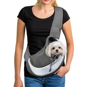 YUDODO Pet Sling Carrier for 2-5 lbs Small Dogs & Cats  Hands-Free Puppy Carrier with Safety Hook, Large Zipper Pocket, Soft Breathable Mesh, Adjustable Strap & Reflective Strip (Gray 1.0 S)