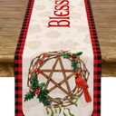 Blessed Yule Table Runner Buffalo Plaid Check Pagan Winter Solstice Holiday Fireplace Kitchen Dining Home Decoration (White, 13" x 72")