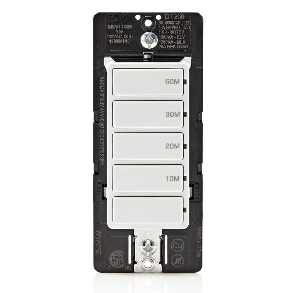 Leviton Countdown Switch for bathroom household lights, 10-20-30-60 min, Neutral Wire Required, 20A, 1HP/16A Fan/Motor, Single Pole, Multi-Way or Multi-Timer, DT260-1LW, White