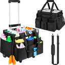 Large Rolling Cleaning Caddy Bag with Detachable Trolley,Cleaning Cart on Wheels with Shoulder Strap,Cleaning Supplies Organizer for Housekeepers,Black