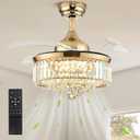 36'' Fandelier Ceiling Fans with Light, Chandelier Gold Ceiling Fan, Retractable Crystal Ceiling Fan for Bedroom, Living Room, 3 Color Change, LED Dimmable, 6 Speeds, Reversible DC Motor