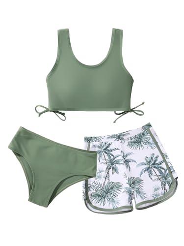 Girl's 3 Piece Bikini Bathing Suit Printed Sport Swimsuits with Shorts Cove Up Sets Teen Girl's Swimwear 10 Y