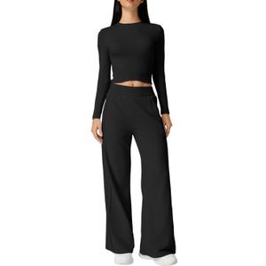 QINSEN Womens 2 Piece Sets Long Sleeve Slim Fit Crop Tops Wide Leg Pants Matching Lounge Set, Black, Small