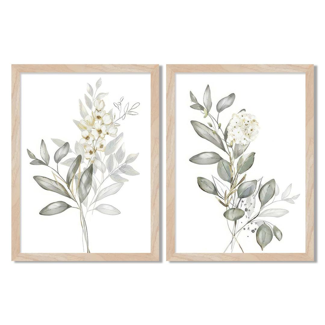 Framed Botanical Wall Art Set of 2 Minimalist Floral Canvas Prints with Solid Wood Frame & Acrylic Cover, Neutral Green Nature Watercolor Leaf Boho Plan Paintings for Living Room Bedroom Home Decor 12x16IN