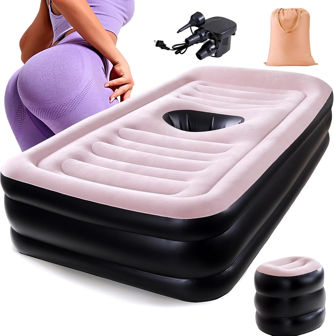 New Upgraded BBL Bed with Hole-Inflatable BBL Bed After Surgery,Brazilian Butt Lift Surgery Recovery Mattress with Carrying Bag & Air Pump,Waterproof Plant Velvet Touch Sleep-Black Pink(17.71*14.17In)