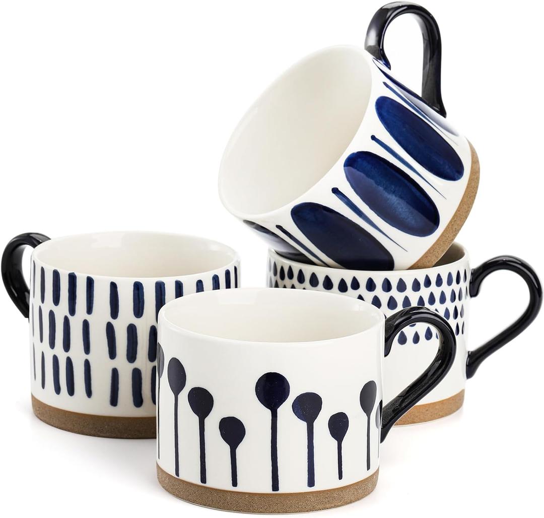 SOUJOY Set of 4 Large Ceramic Coffee Mugs, 15 Oz Hand Painted Coffee Cups with Handles, Vintage Glazed Porcelain Soup Mugs for Tea, Hot or Cold Drinks, Best Gifts for Birthday, Thanksgiving, Christmas