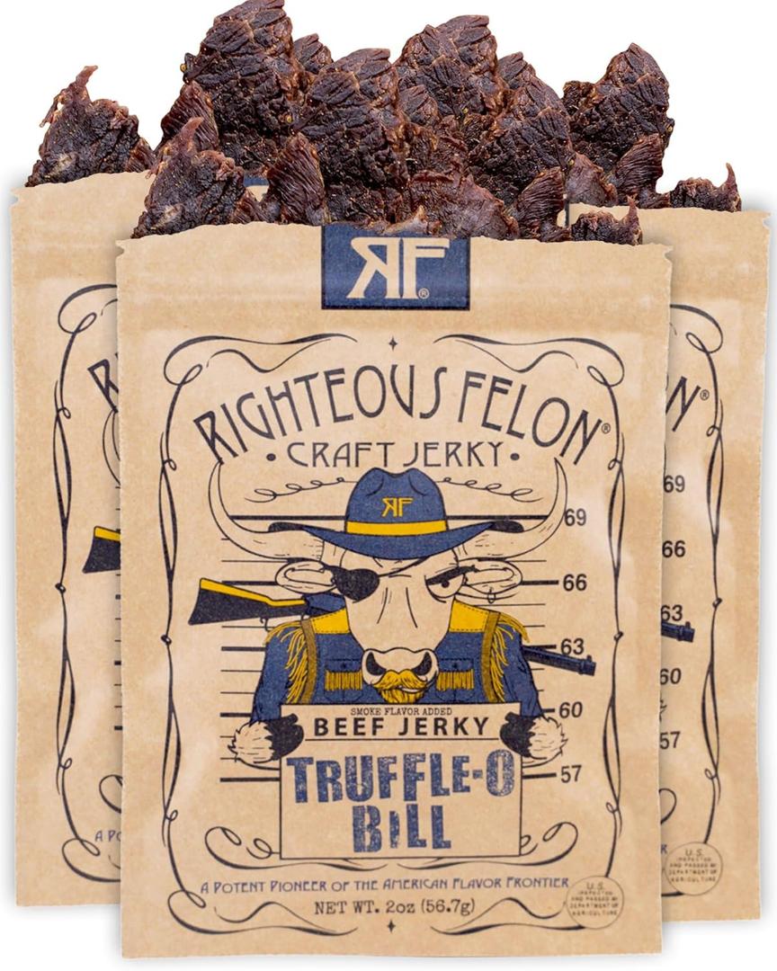 Righteous Felon Beef Jerky - Truffle-O-Soldier Flavor - All-Natural Jerky - Locally Sourced & Dried Beef Jerky - Low-Sugar, High-Protein, Healthy Snacks - 2 Ounces, Pack of 3 (EXP 07/09/26)