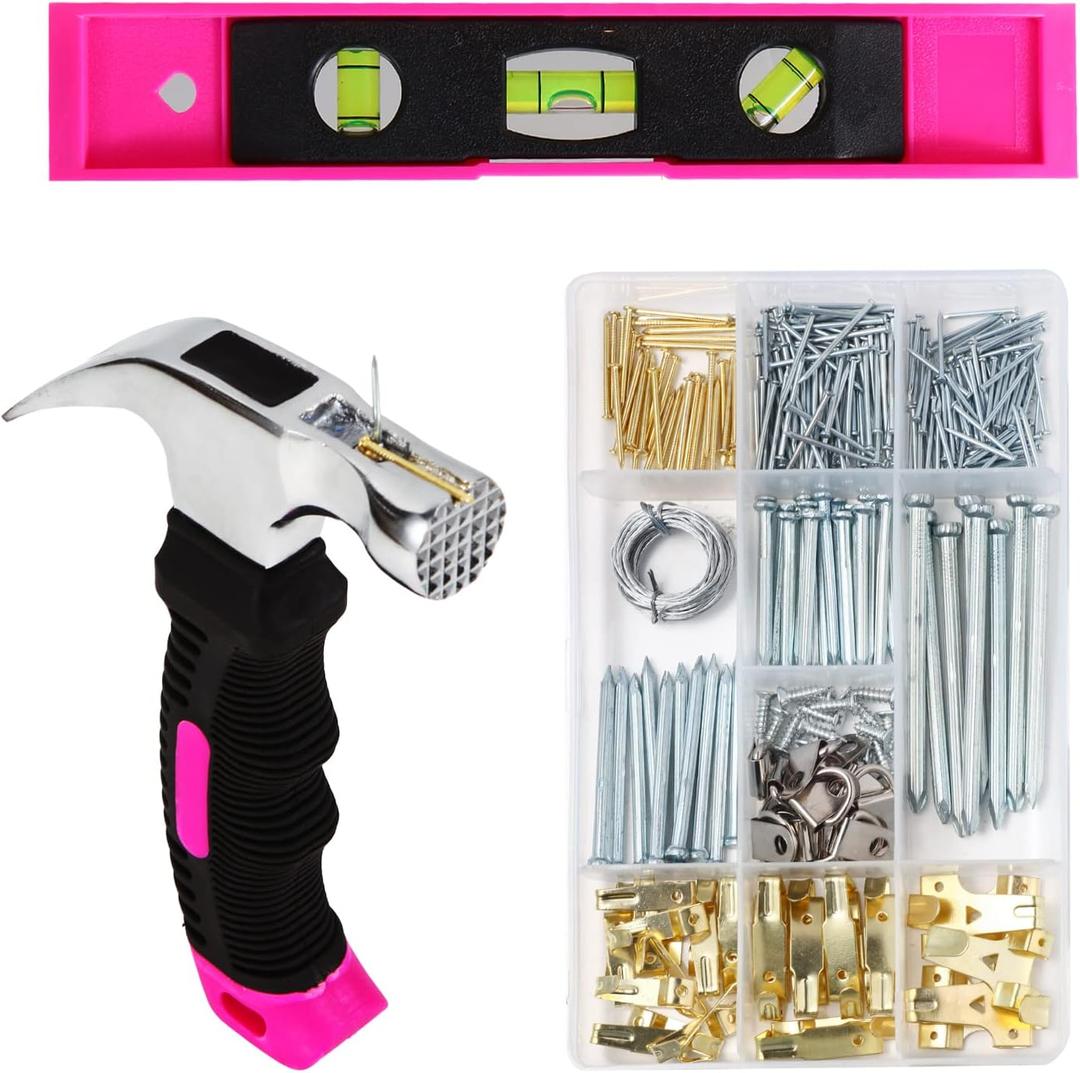 Picture Hanging Kit, 315pcs Hanging Hardware with Hooks, Wire, Nails, D Ring, Wall Hanging Kit with Hangers, Magnetic Level and Small Pink Claw Hammer, nails for hanging pictures for Home Decor Picture Hanging Kit, 315pcs Hanging Hardware with Hooks, Wire, Nails, D Ring, Wall Hanging Kit with Hangers, Magnetic Level and Small Pink Claw Hammer, nails for hanging pictures for Home Decor