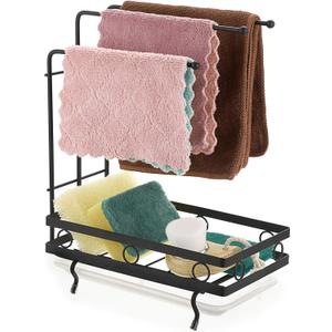 JUXYES Kitchen Sink Caddy Sponge Holder with Dishcloth Drying Rack, Kitchen Rag Stand Sponge Brush Soap Dish Dishcloth Rack Sink Storage Organizer for Kitchen Countertop (Black)