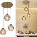 3-Light Gold Cluster Globe Ceiling Chandelier, Modern Brushed Brass Hanging Pendant Light with Amber Hammered Glass for Dining Room Staircase Entryway Foyer